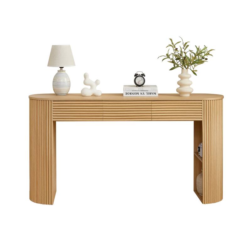Retro Console Table with Storage, 3 Drawers, 1 Table-Leg Niche, Round Slat Aesthetic, Entryway, Living Room & Hallway