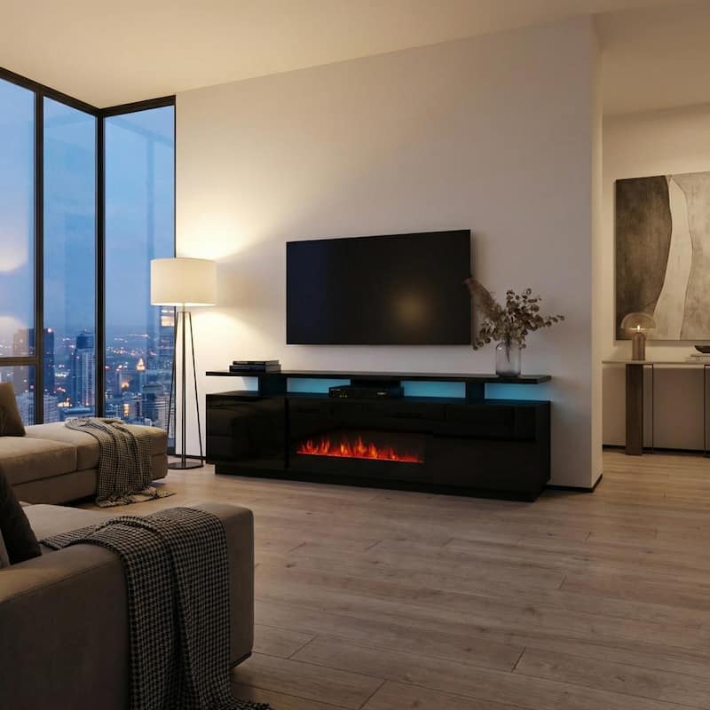 Meble Furniture Eva 71" E-Fireplace TV Stand w/LED, Temperature Control & Remote, Fits TVs up to for up to 80" TVs