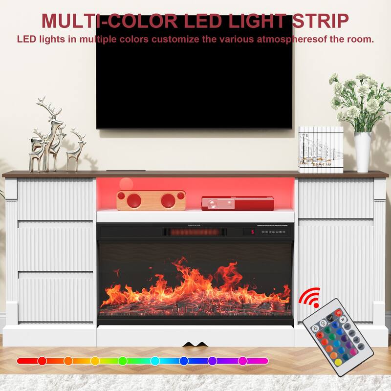 Modern TV Stand with Electric Fireplace for TVs up to 80" with LED Lights, Storage Cabinet & Drawers for Living Room