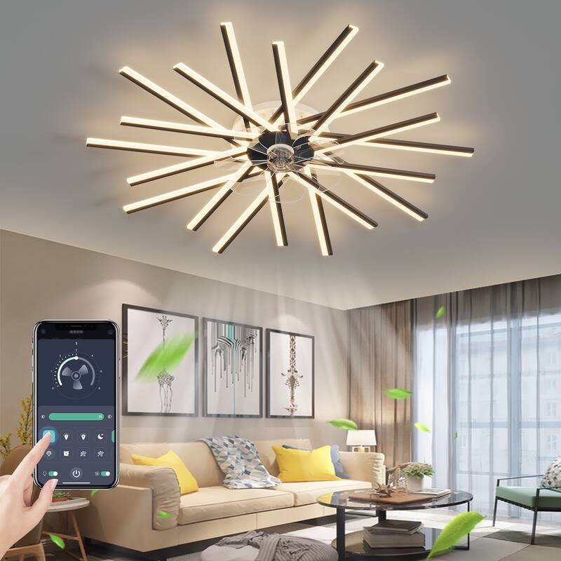 45In Ceiling Fan with Lights Remote Contro Dimmable LED,6 Gear Wind Speed Fan Light - Black