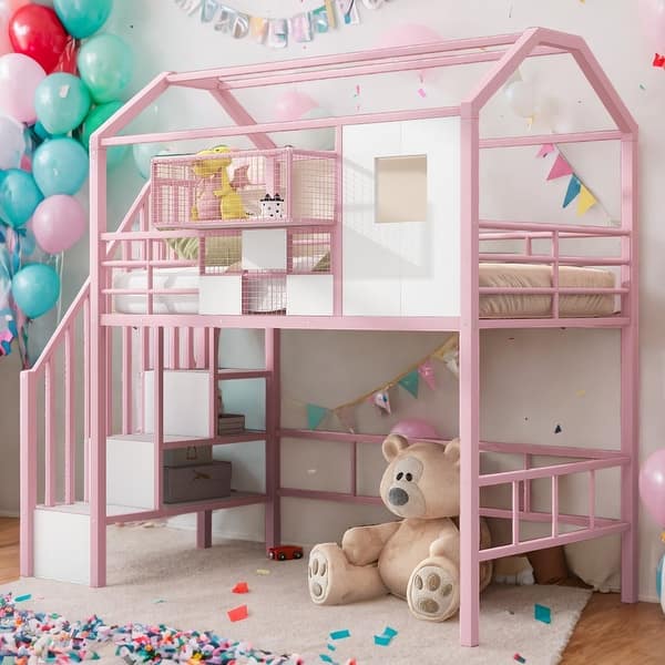 slide 2 of 29, Twin Size Loft Bed with Roof and Storage Box,Metal Sturdy Structure Pink