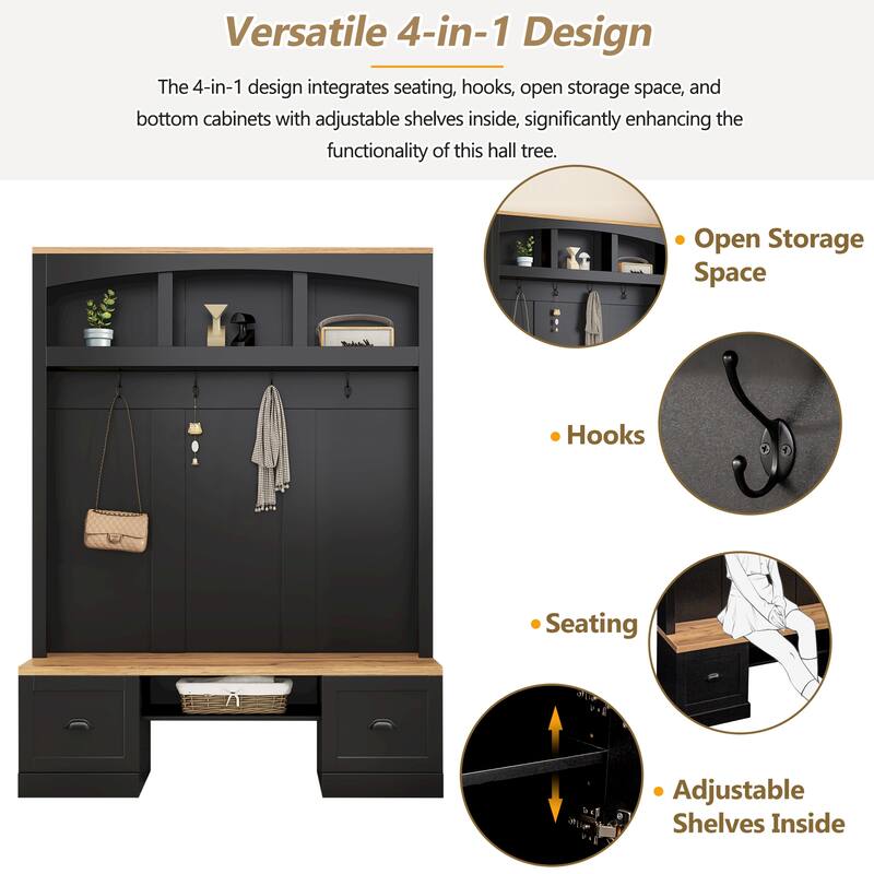 55.1 in Wide Farmhouse Hall Tree, Wood Grain Bench & Top, 4-in-1 Entryway Coat Rack with Adjustable Shelves