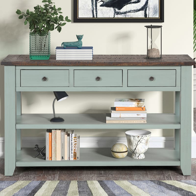Modern Solid Pine Wood Top Console Table with Drawers and Shelves - Green