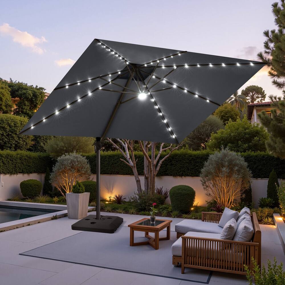 11 FT Aluminum Solar-Powered LED Light Patio Cantilever Umbrella with Base