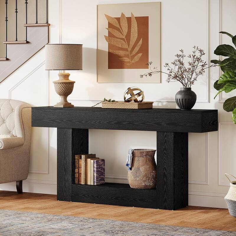 Farmhouse 2 Tiers Entryway Table, 63 Inches Console Table, Narrow Sofa Table