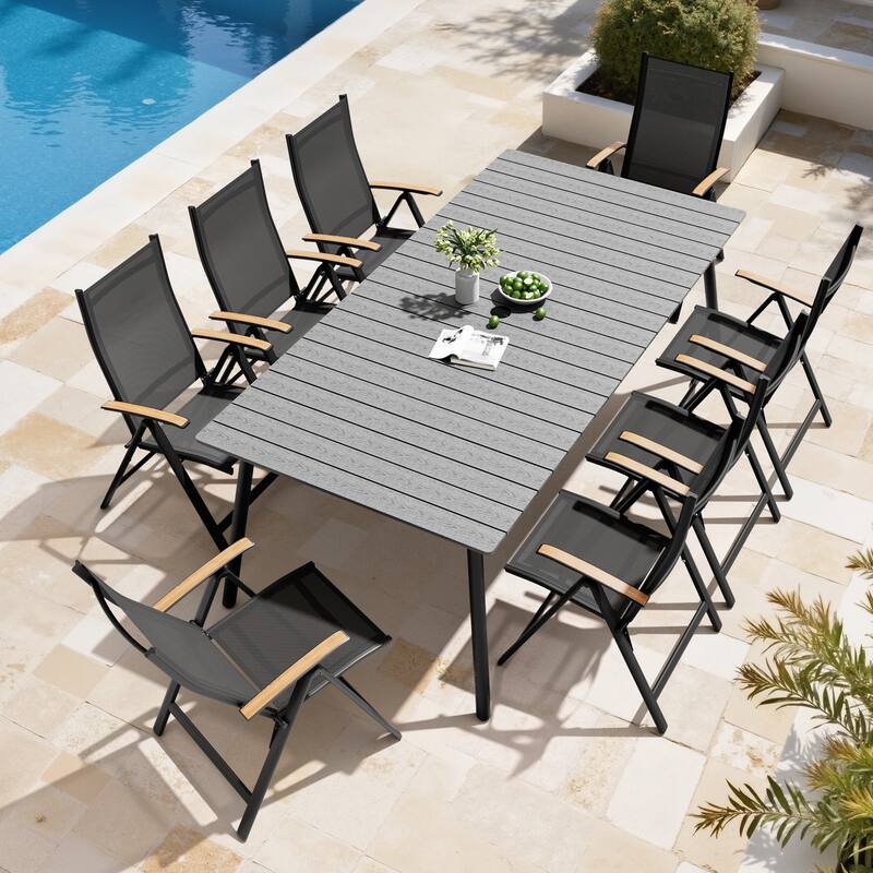 9PC Outdoor Patio Dining Set Aluminum Umbrella Hole Table with Folding Chairs
