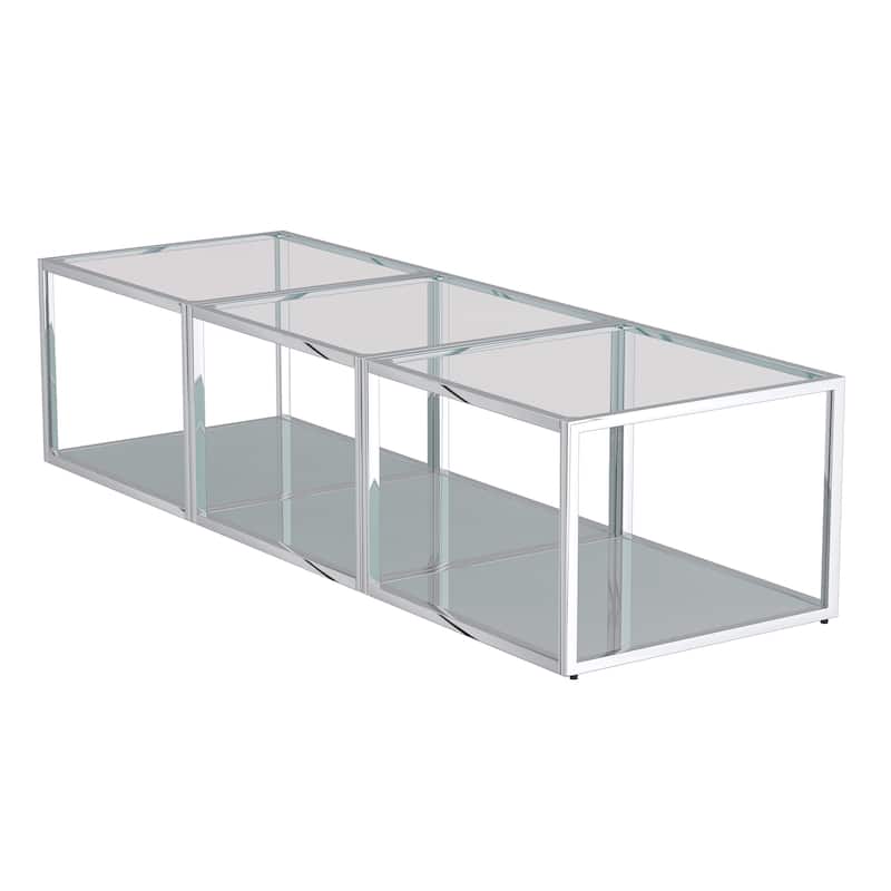 Contemporary Metal and Glass Small Coffee Table Set of 3 - Silver - Silver - Glass