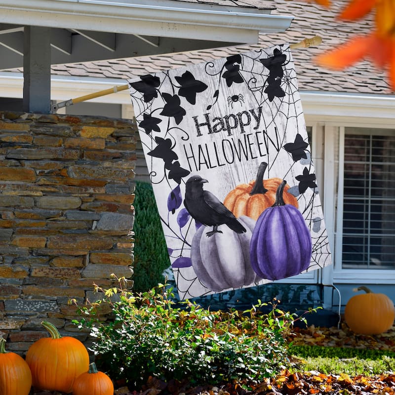 Pumpkins and Crow "Happy Halloween" Outdoor House Flag - 40" x 28"