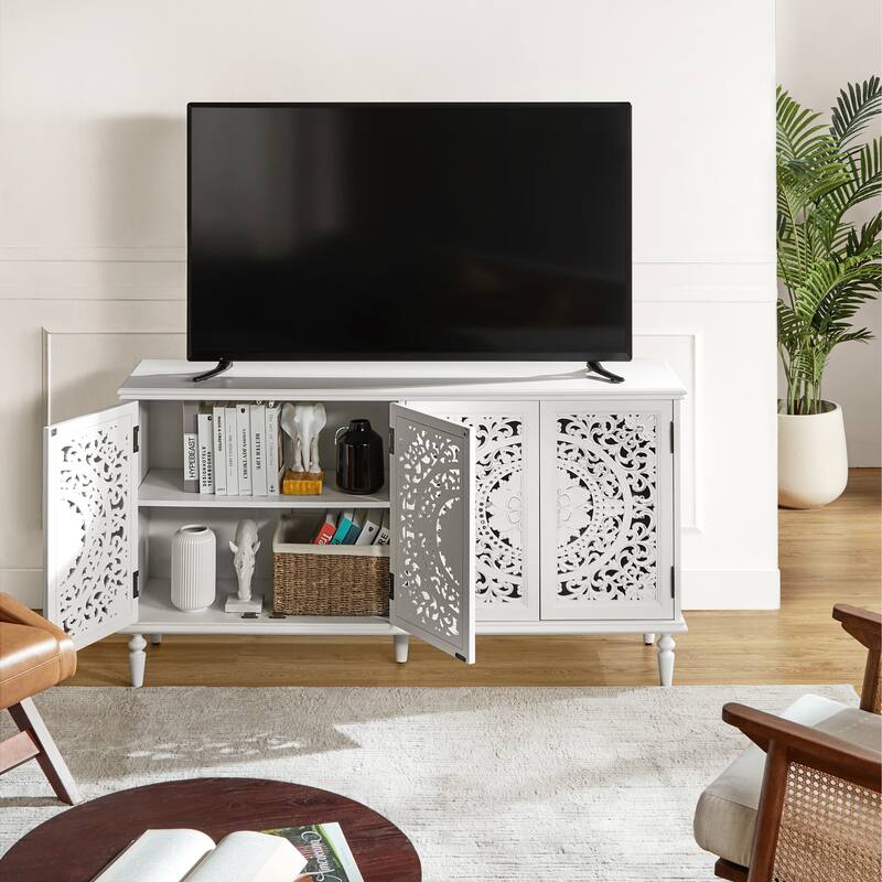 Ismenides Traditional Carved Built-in Lighting Sideboard Storage TV Stand By HULALA HOME - White