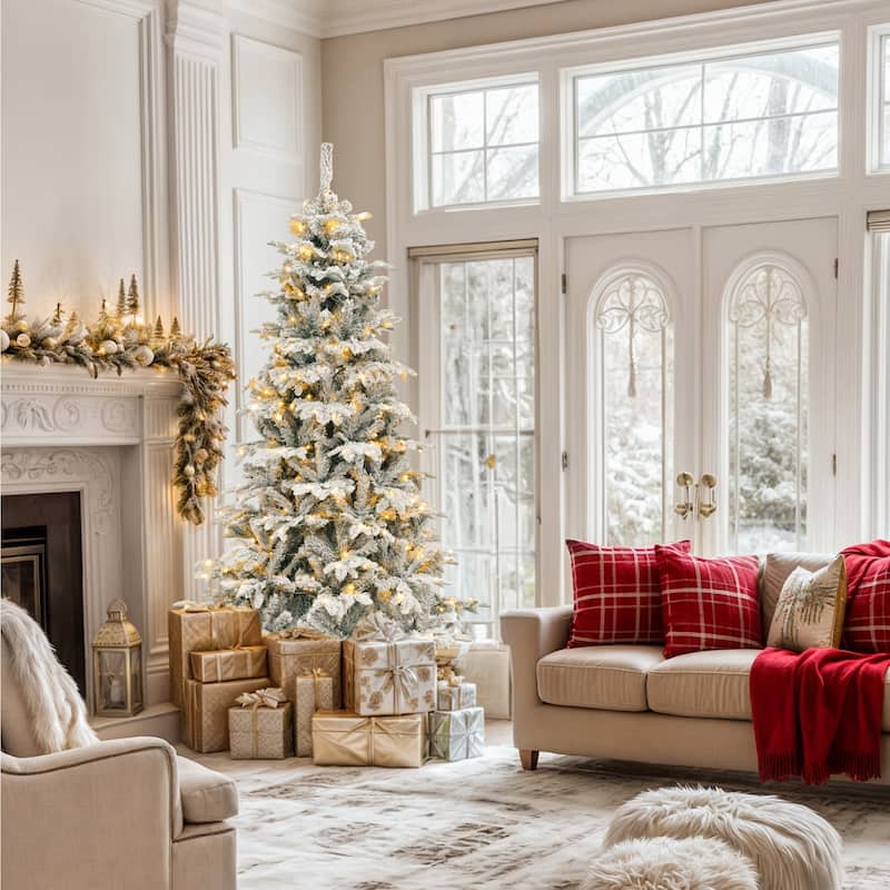 6.5 Ft Pre-Lit Snow Flocked Christmas Tree with 760 Mixed Branch Tips and 350 Lights - 7.5 Foot