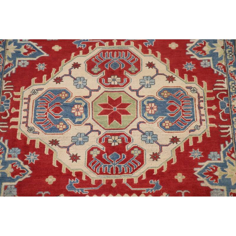 Hand Knotted Oriental 100% Wool Carpet Traditional Geometric Red Kazak Area Rug - 9' 7'' X 6' 7''