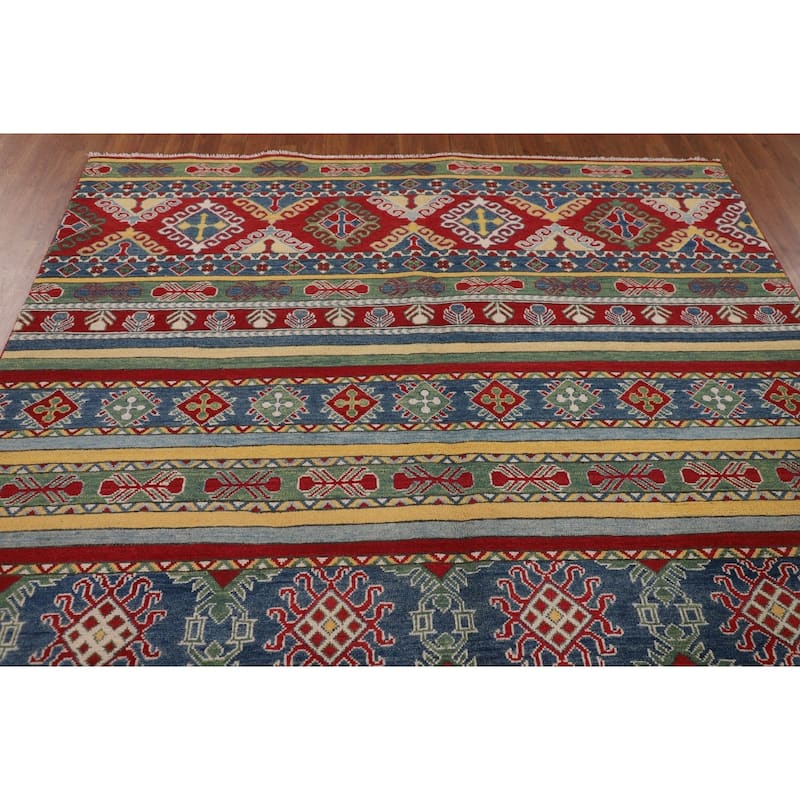 Striped Oriental Kazak Area Rug Hand-Knotted Wool Carpet - 6'7" x 9'9"