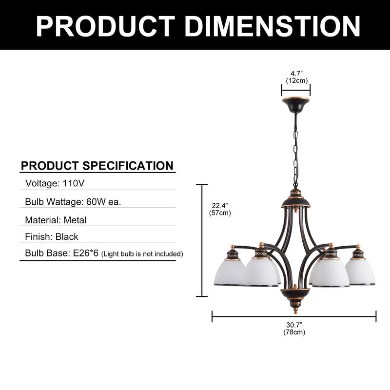 YANSUN 6-Light Oil Rubbed Bronze Farmhouse Industrial Vintage Chandelier with Frosted White Glass Shades - 30.71 in.