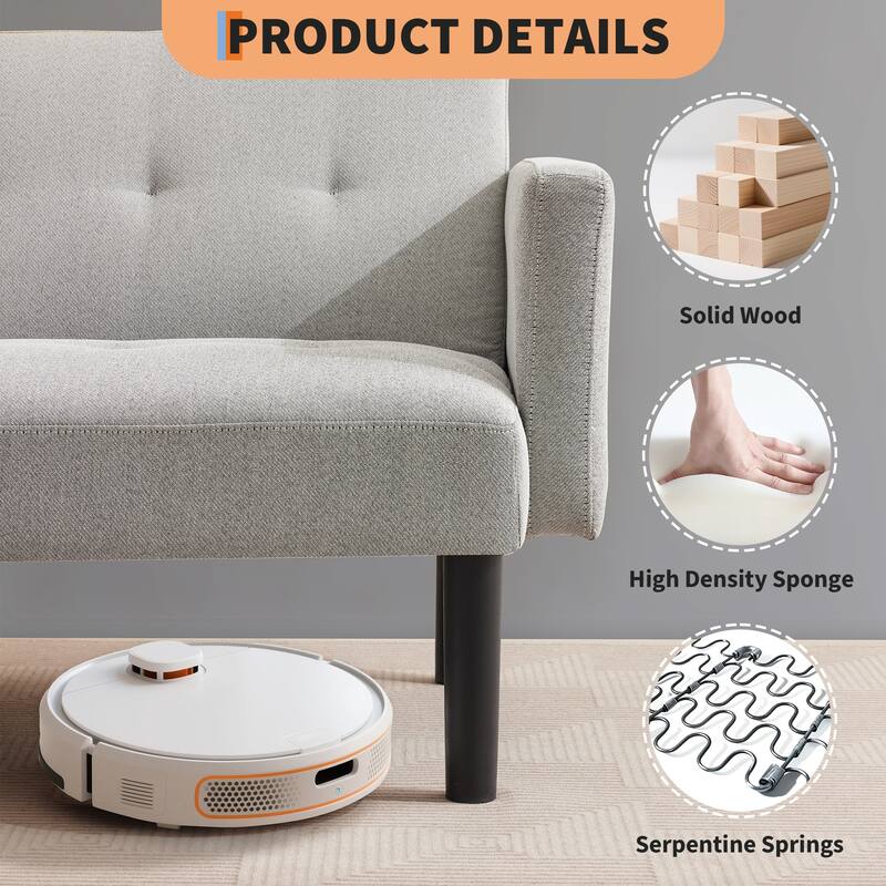 Convertible Futon Sofa Bed, 75.5” Linen Flannel Loveseat Couch Bed With Wood Legs