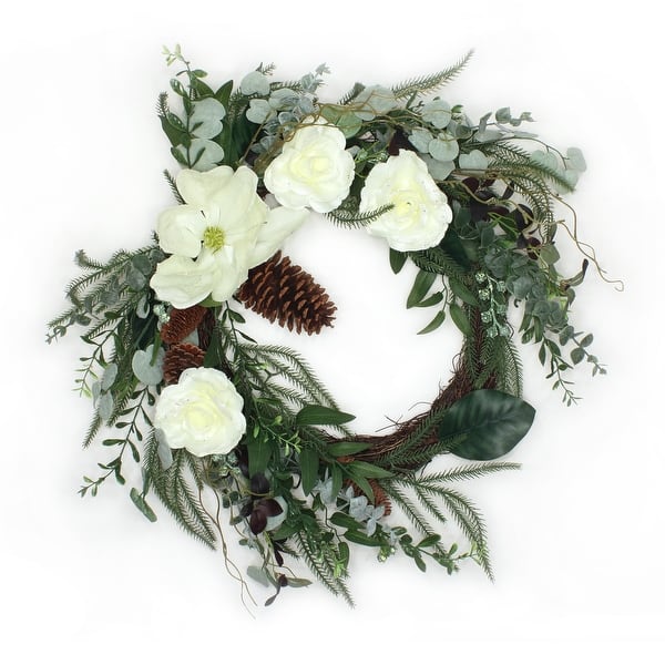 slide 2 of 4, 26" Mixed Greens and White Flowers Christmas Wreath - Green - 26 in