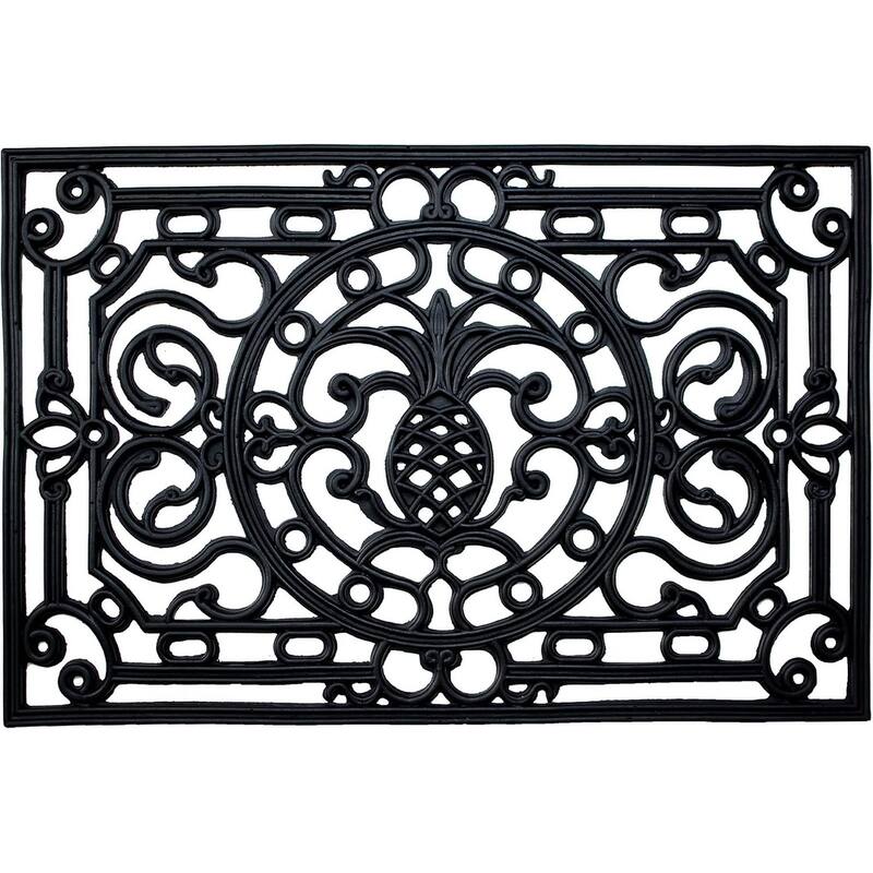 HomeRoots 24" X 36" Black Pineapple And Scrollwork Outdoor Rubber Door Mat - 24' X '36