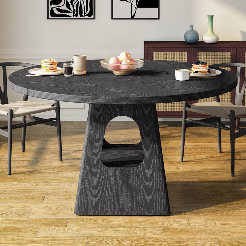 47" Round Farmhouse Dining Table with Storage Base & Wooden Tabletop for 4-6