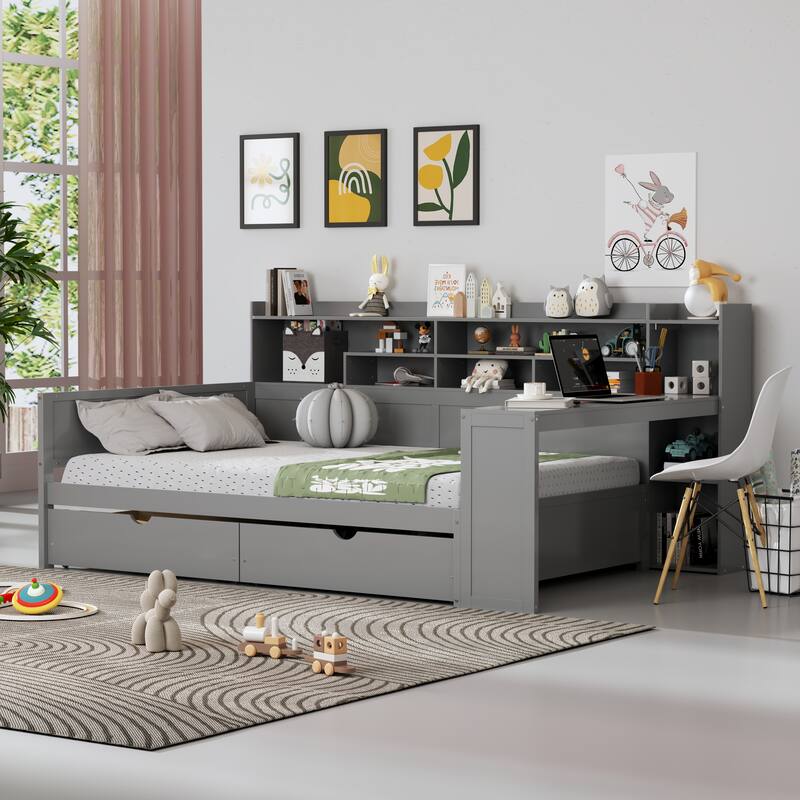 Full Size Wooden Daybed Platform Bed with Recessed Desk Storage Shelves and 2 Drawers Under Bed for Compact Spaces, Bedroom