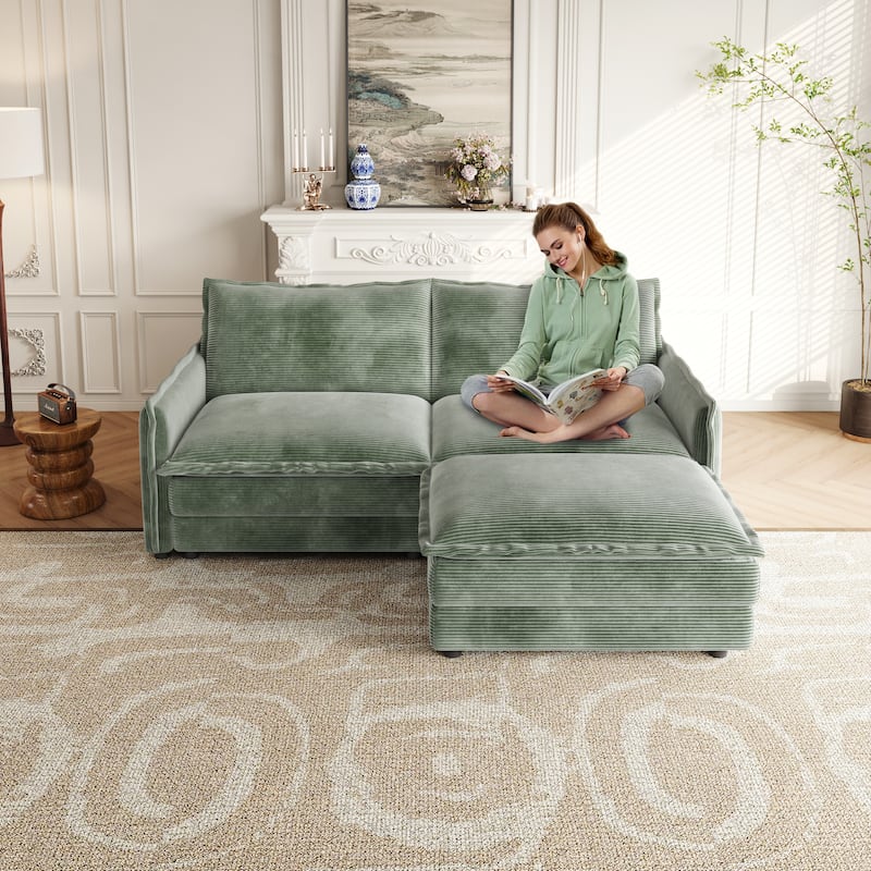 75" Corduroy Sectional Sofa with Ottoman, 2-Seater