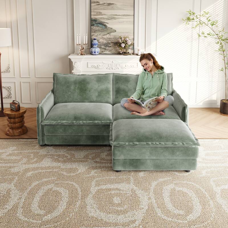 Modern 2 Seater L-Shaped Sectional, Loveseat Sofa Couch with 1 Footrest and Corduroy Upholstery for Living Room or Bedroom