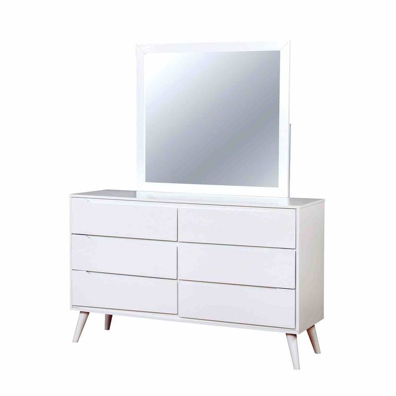 White Wash Finish Mid-Century Modern Bedroom Furniture Set Bed Dresser Mirror Nightstand Chest