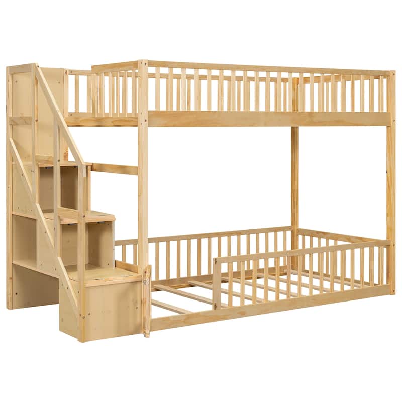 Twin Over Twin Floor Bunk Bed Frame with Storage Stairs and Door