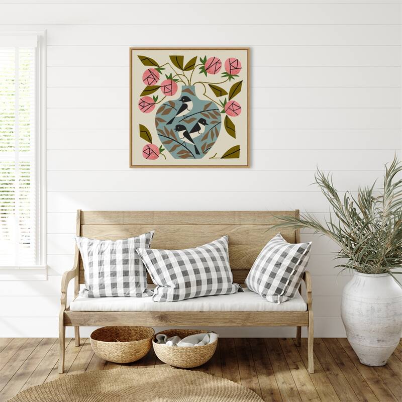 Three Bird Rose Vase by Renea l. Thull Framed Canvas Wall Art Print