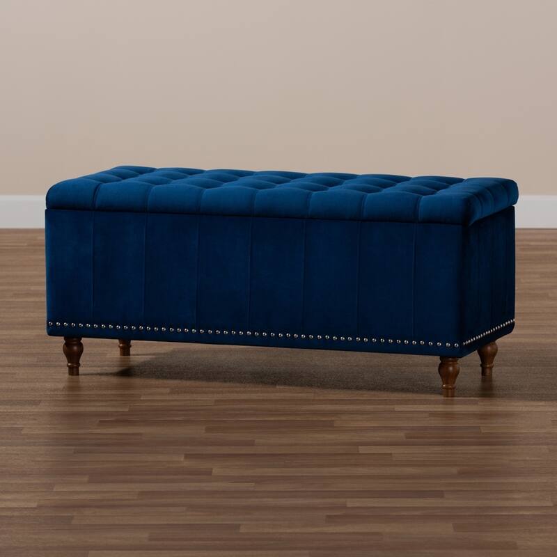 Kaylee Modern and Contemporary Navy Blue Velvet Fabric Upholstered Button-Tufted Storage Ottoman Bench