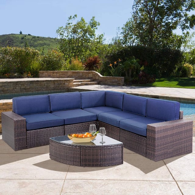 Suncrown Outdoor 6-piece Brown Rattan Sectional Sofa Set with Table - Blue