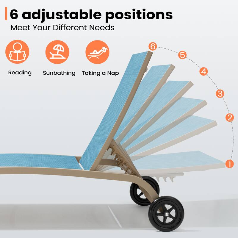 VredHom Outdoor Adjustable Chaise Lounge Chairs with Wheels - 43.2 in D * 12 in H * 21.9 in W