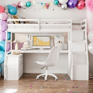 Twin Size Loft Bed with Desk,7 Drawers,2 Shelves and Pinewood Frame