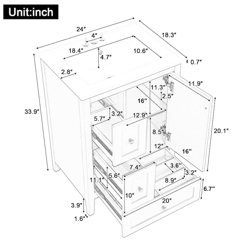 24 Inch Bathroom Vanity with Sink, Storage Cabinet with Drawers Adjustable Shelf Freestanding Vanity
