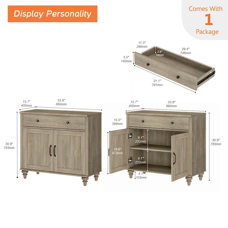 Wash Grey Farmhouse TV Stand with Wooden Doors & Drawers
