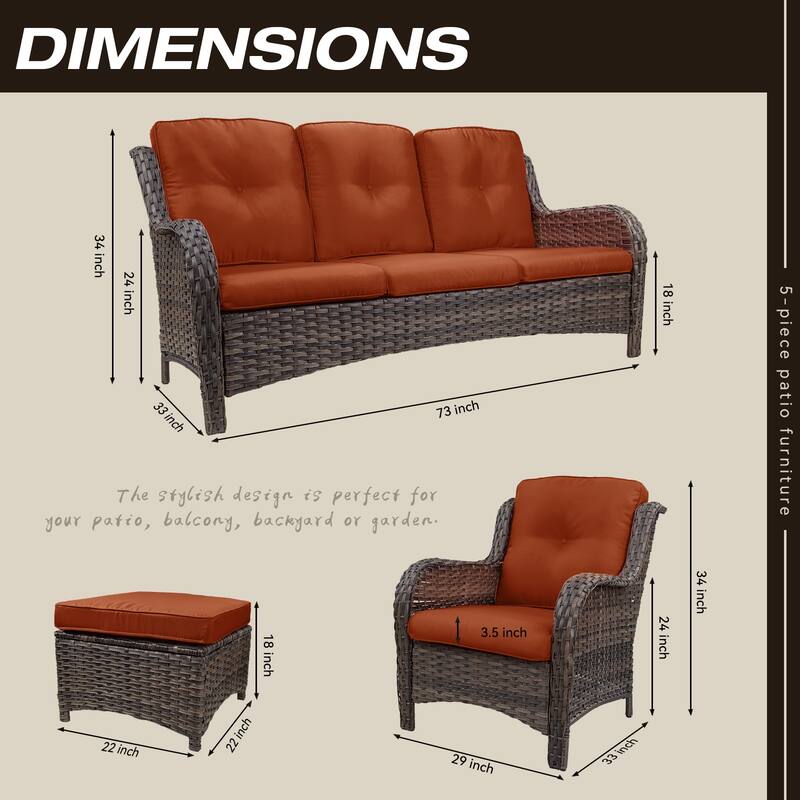 Cozywor 5-Piece Wicker Outdoor Patio Conversation Set
