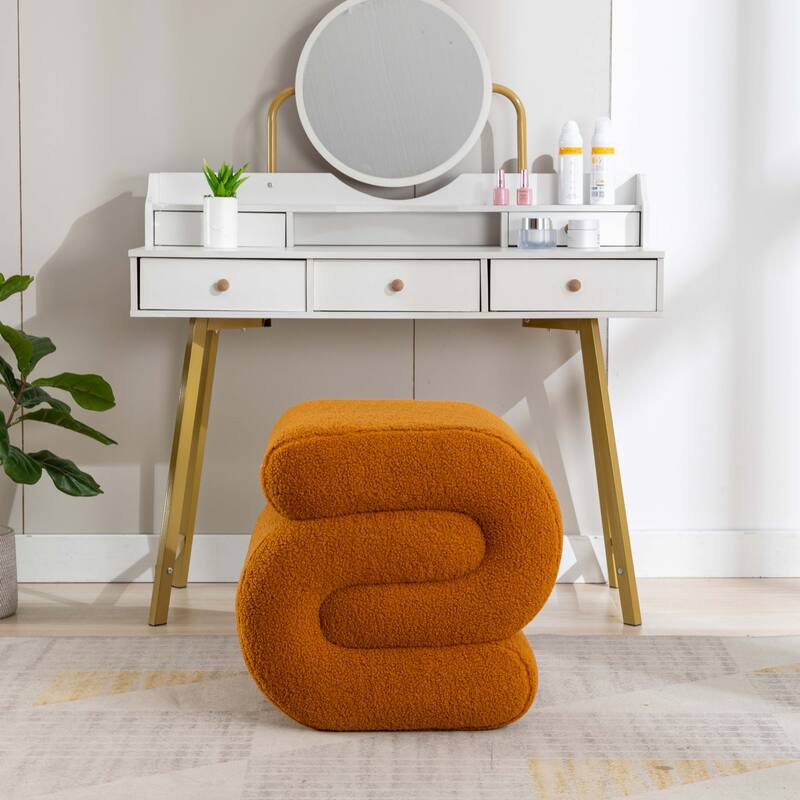 S-shape Ottoman Makeup Stool Footstool （Teddy/Velvet） - Orange Teddy