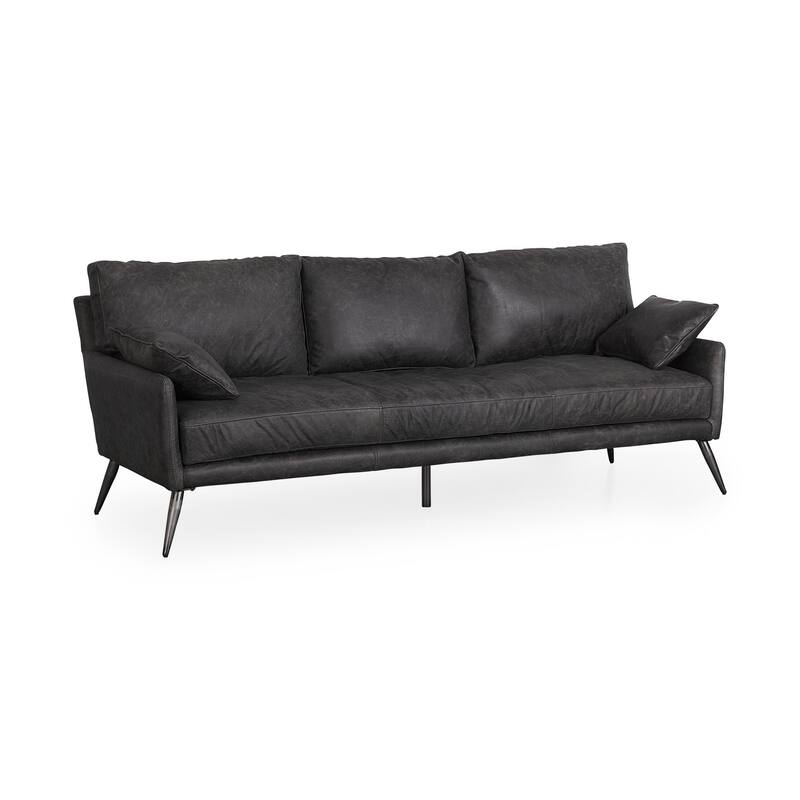 HomeRoots 82" Black Leather Sofa With Toss Pillows