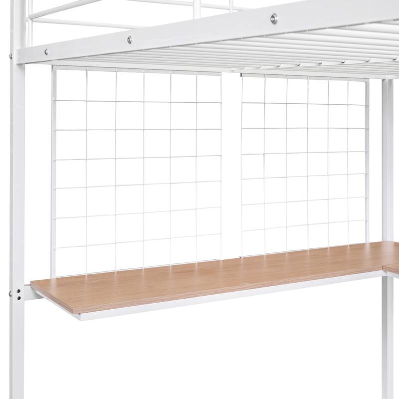 Full Size Metal Frame Loft Bed with Built-in Wooden Desk, Metal Grid, Ladder and Guardrails