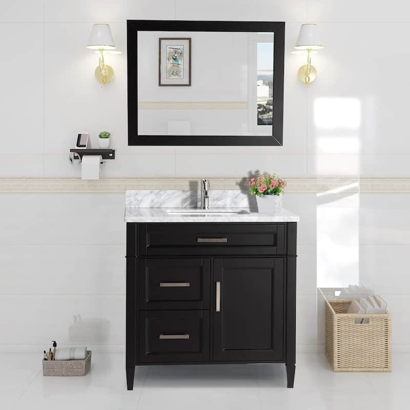 Vanity Art 36-Inch Single Sink Bathroom Vanity Set Carrara Marble Stone Top 3 Drawers 1 Shelf Undermount Sink with Free Mirror