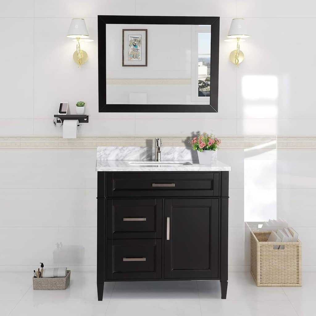 Vanity Art 36-Inch Single Sink Bathroom Vanity Set Carrara Marble Stone Top 3 Drawers 1 Shelf Undermount Sink with Free Mirror