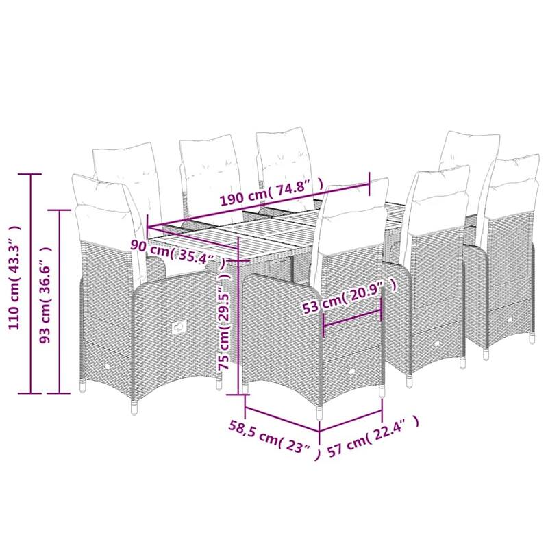 vidaXL Bistro Set Black PE Rattan 8-seater Adjustable Armrests - 23.0 x 21.5 x 36.2 in