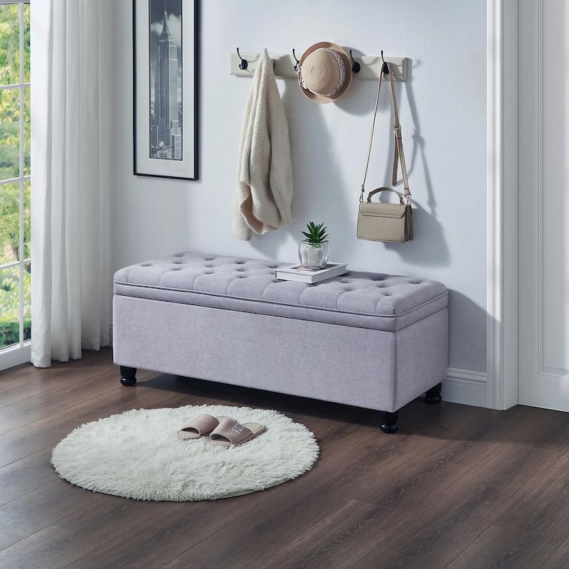 45" Linen Fabric Storage Stool with Spindle Wood Legs