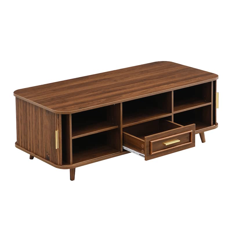 Christopher Knight Home - Arlo Mid-Century Modern Coffee Table with Tambour Doors and 6-Compartment Storage Drawer