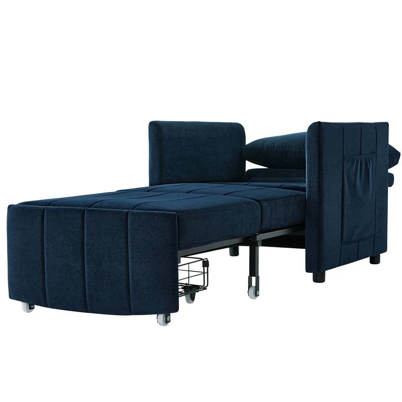 Upholstered Convertible Sleeper Sofa with 5-Position Adjustable Backrest, Side Pockets and Storage Basket, Blue