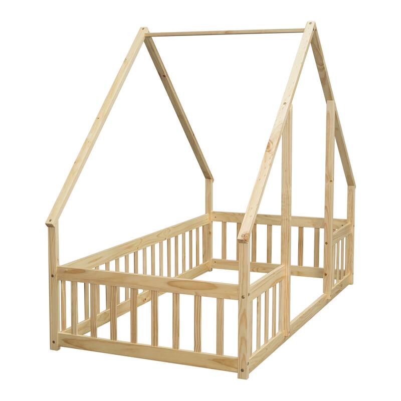 Twin Wood House-Shaped Floor Bed with Fence and Guardrails in Natural Finish
