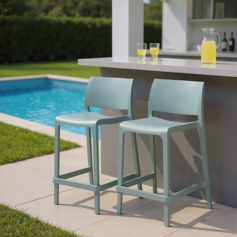 HomeRoots Set of Two 26" Baby Blue Heavy Duty Plastic Low Back Outdoor Counter Height Bar Chairs