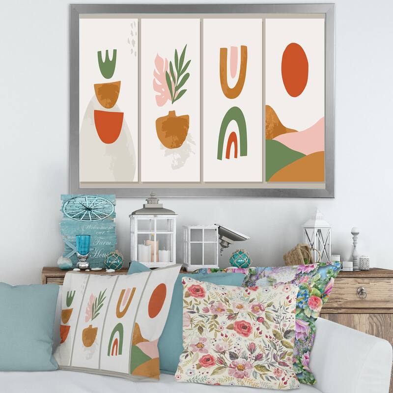 Designart "Minimalistic Compostion of Organic Shapes VI" Modern Framed Art Print - 32 In. Wide x 24 In. High - Silver