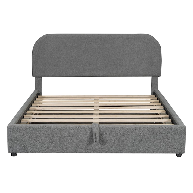 Full/Queen Size Upholstered Platform Bed with Hydraulic Lift Storage, Teddy Fleece Upholstery, and Sturdy MDF Frame