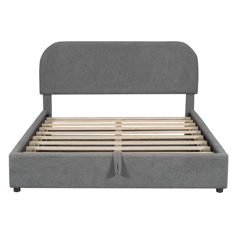 Lift Up Storage Platform Bed Frame, Teddy Fleece Low Profile Bed Hydraulic Storage System, Curved Headboard, Wood Panel Bed