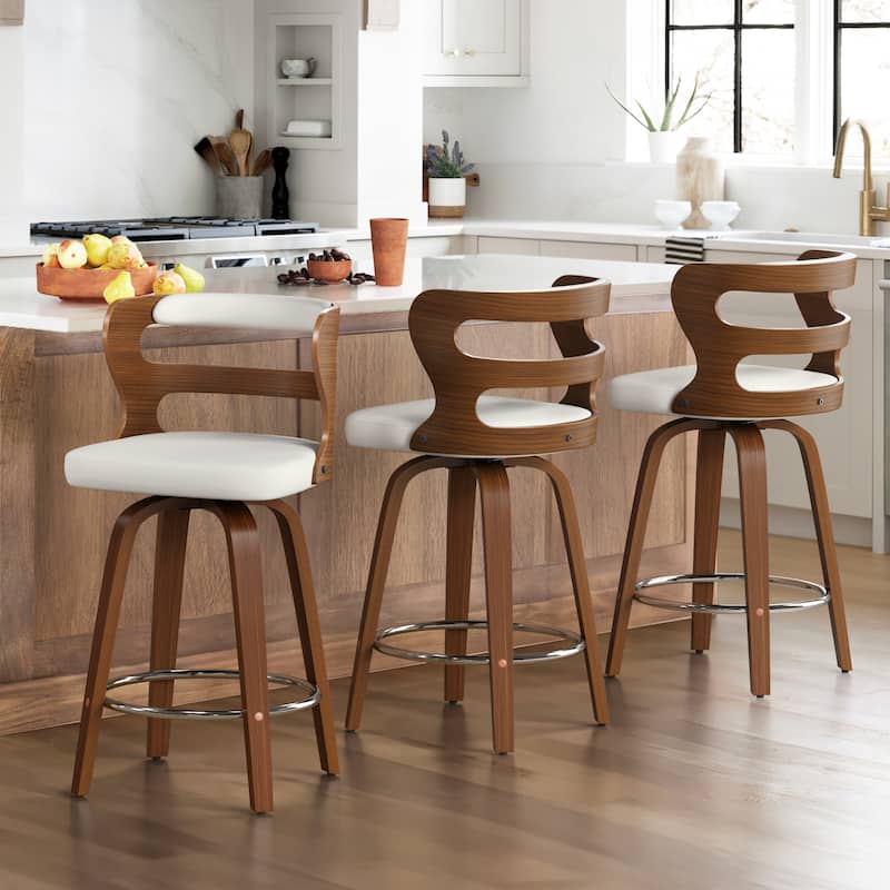 LUE BONA 26" Walnut and Faux Leather Swivel Counter Bar Stools With Backs - 26" H
