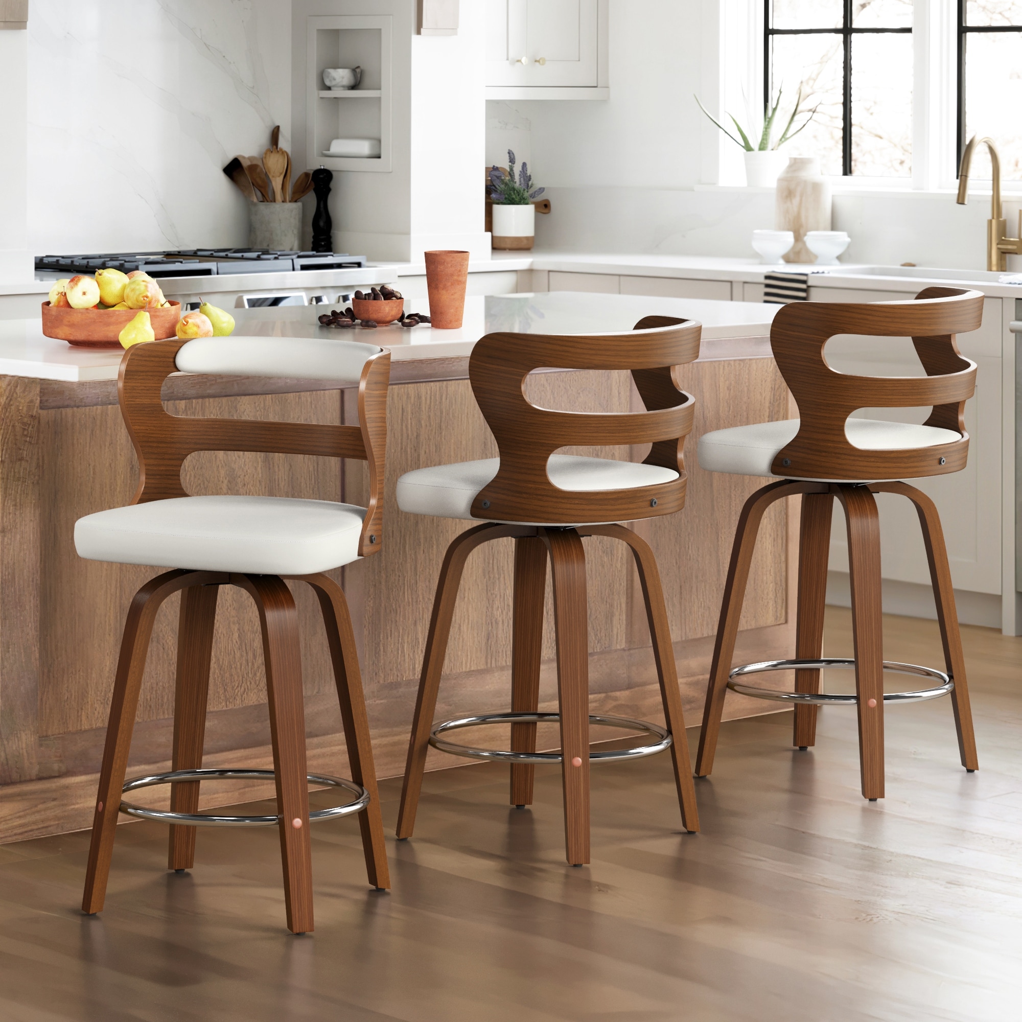 26" Walnut and Faux Leather Swivel Counter Bar Stools With Backs - 26" H
